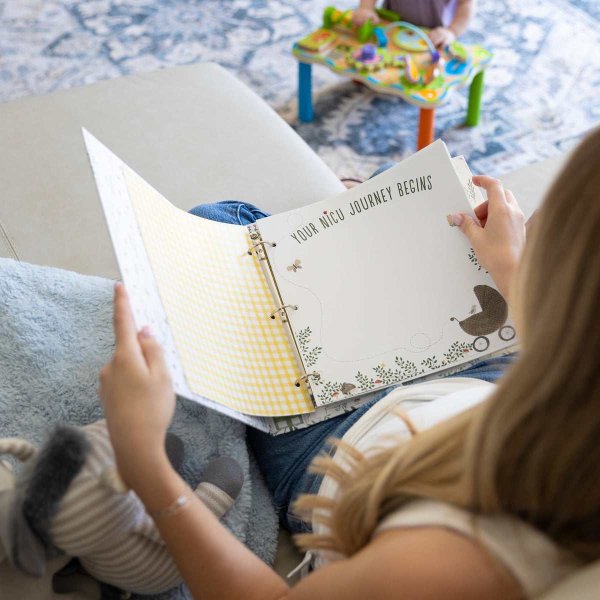 Sunrise to Sunrise NICU memory book Your NICU Journey Begins page with yellow gingham endpaper and botanical design