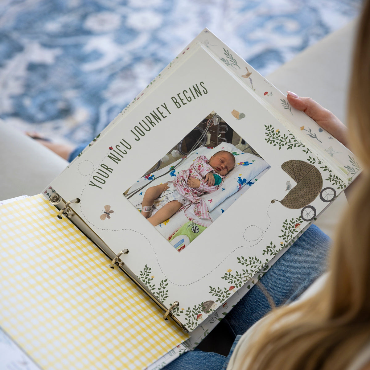 Sunrise to Sunrise NICU memory book Your NICU Journey Begins page displaying newborn hospital photo with botanical design